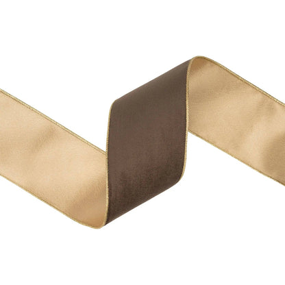 4" Reversible Classic Velvet Wired Ribbon | Brown w/ Gold Shimmer Satin Backing | 10 Yard Roll - Bria Blair Creative