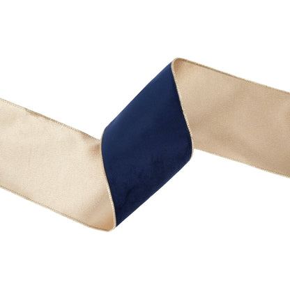 4" Reversible Classic Velvet Wired Ribbon | Navy/Gold | 10 Yard Roll - Bria Blair Creative
