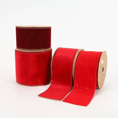 4" Reversible Velvet/Lurex Wired Ribbon | Red/Gold | 10 Yard Roll - Bria Blair Creative