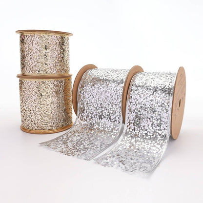 4" Sequin Wired Ribbon | White Gold | 10 Yard Roll - Bria Blair Creative