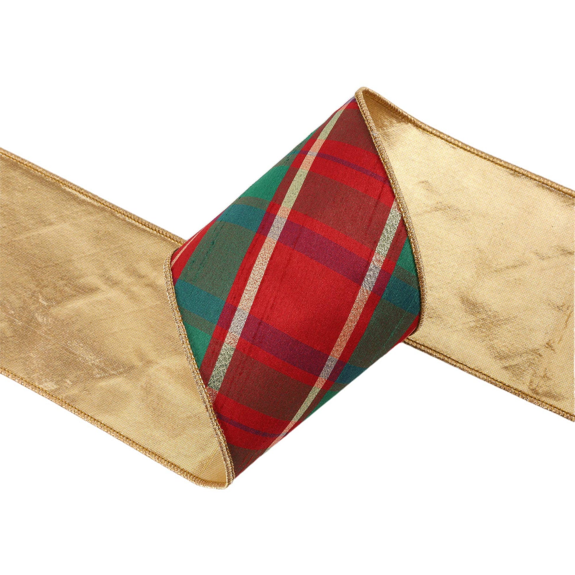 4" Wired Dupioni Ribbon | Red/Green/Gold Plaid Bias Cut w/ Double - Fused Gold Backing | 10 Yard Roll - Bria Blair Creative