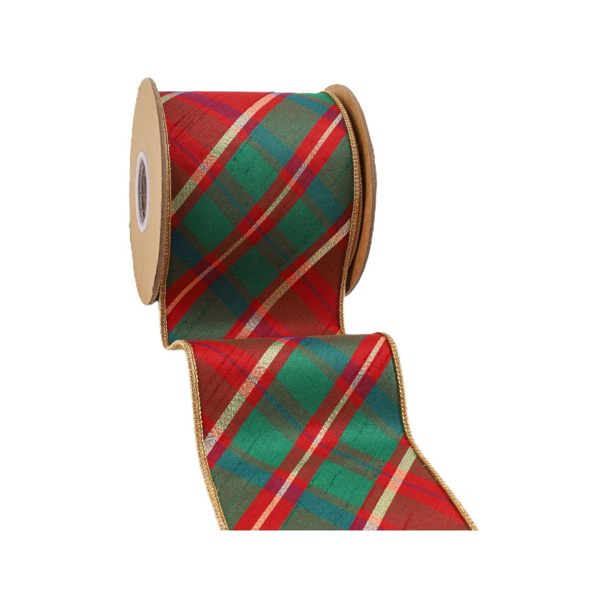 4" Wired Dupioni Ribbon | Red/Green/Gold Plaid Bias Cut w/ Double - Fused Gold Backing | 10 Yard Roll - Bria Blair Creative