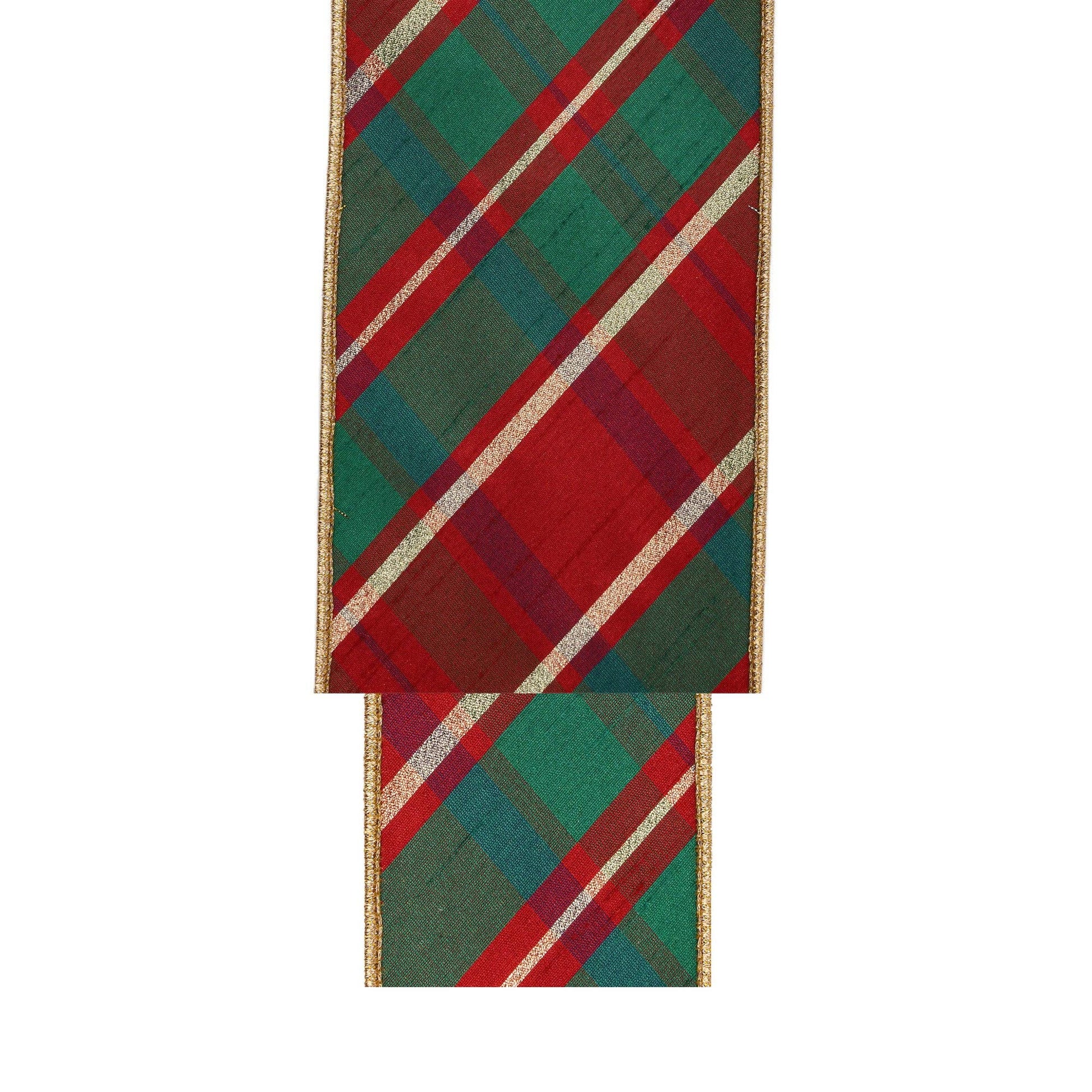4" Wired Dupioni Ribbon | Red/Green/Gold Plaid Bias Cut w/ Double - Fused Gold Backing | 10 Yard Roll - Bria Blair Creative