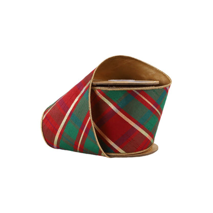 4" Wired Dupioni Ribbon | Red/Green/Gold Plaid Bias Cut w/ Double - Fused Gold Backing | 10 Yard Roll - Bria Blair Creative
