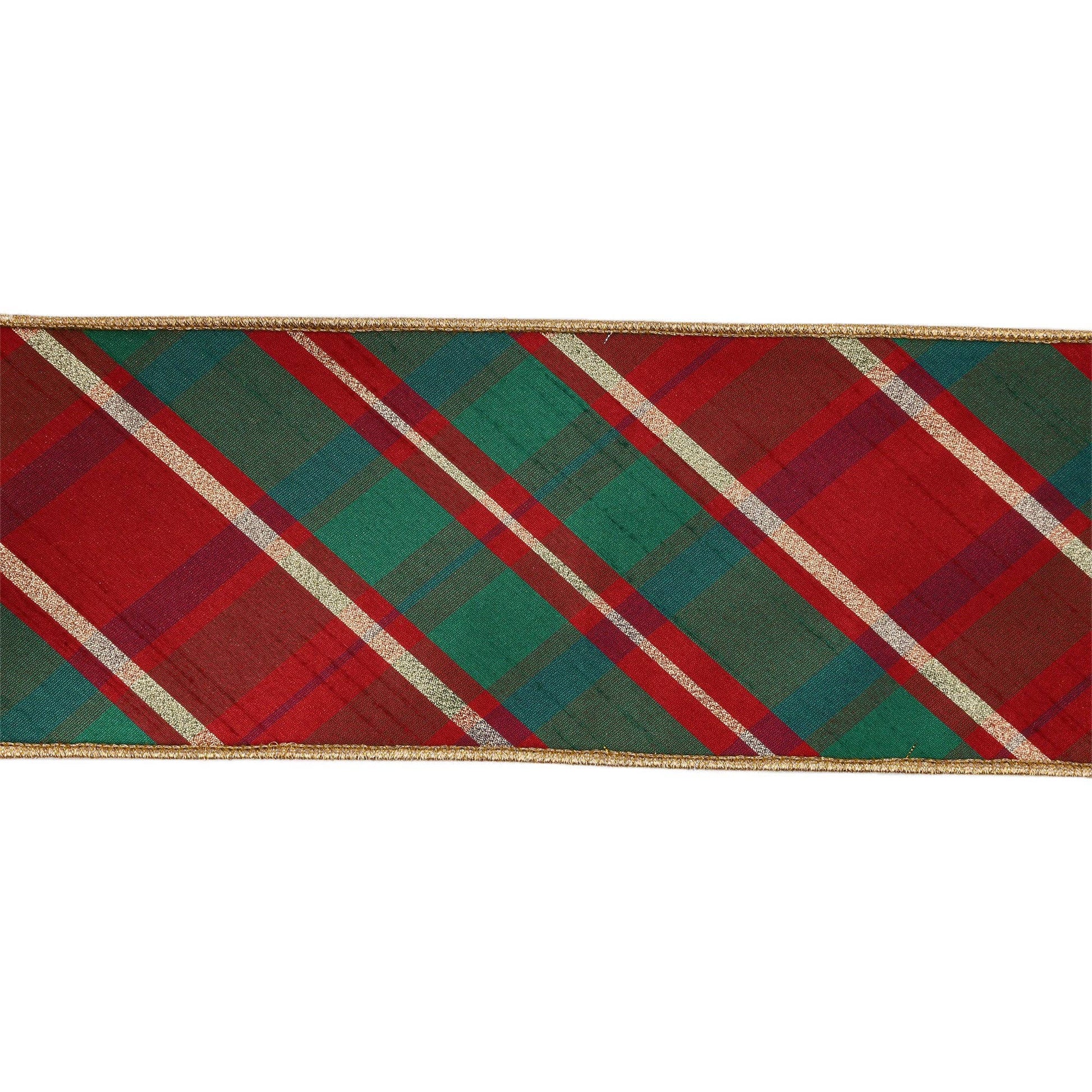 4" Wired Dupioni Ribbon | Red/Green/Gold Plaid Bias Cut w/ Double - Fused Gold Backing | 10 Yard Roll - Bria Blair Creative