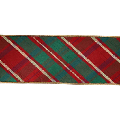 4" Wired Dupioni Ribbon | Red/Green/Gold Plaid Bias Cut w/ Double - Fused Gold Backing | 10 Yard Roll - Bria Blair Creative