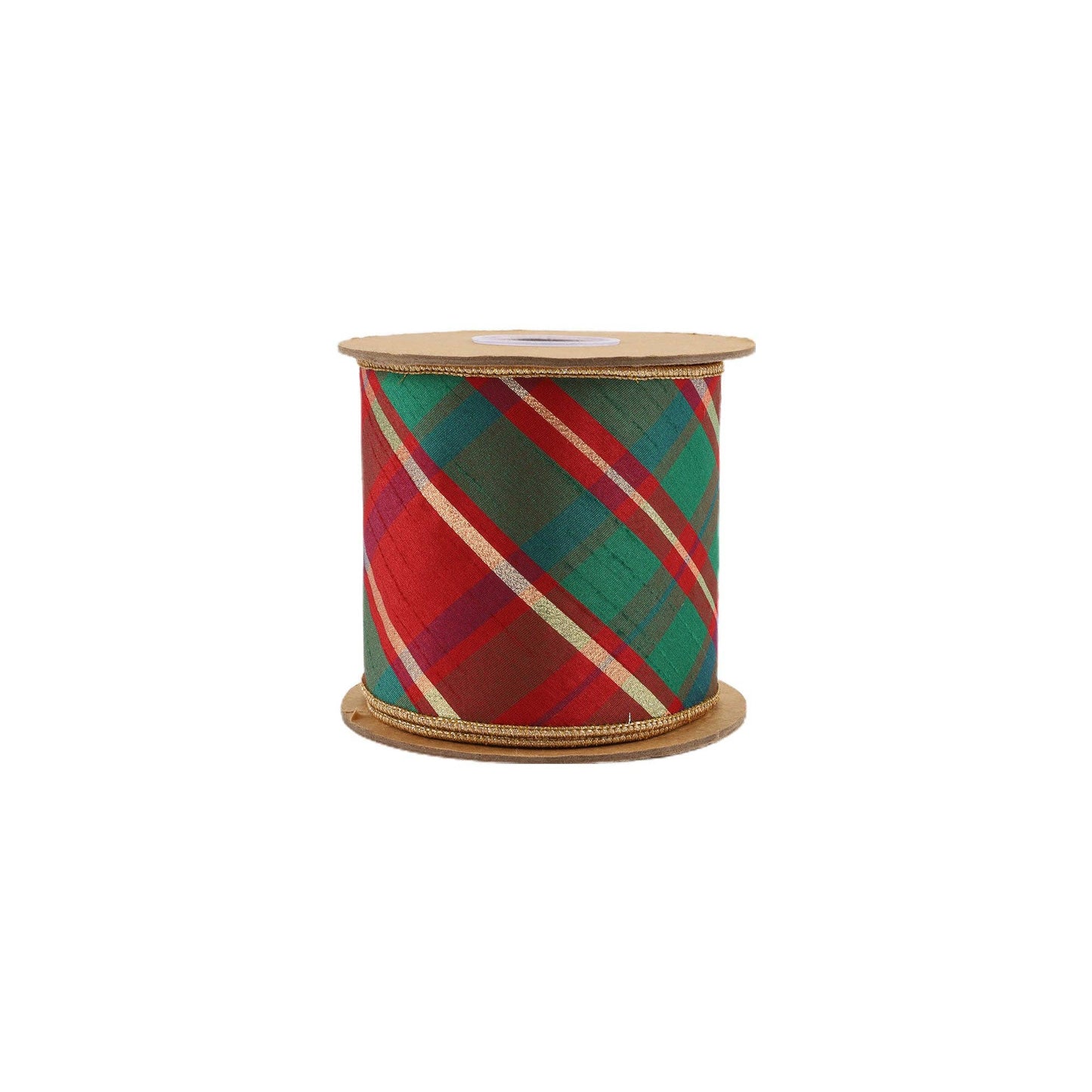 4" Wired Dupioni Ribbon | Red/Green/Gold Plaid Bias Cut w/ Double - Fused Gold Backing | 10 Yard Roll - Bria Blair Creative