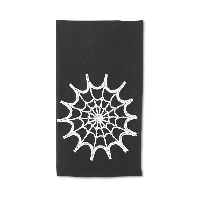 Black Cotton Towel w/White Beaded Spider Web