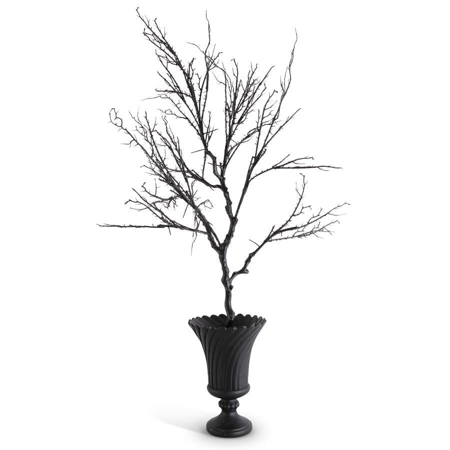4.5 Foot Black Glittered Branch in Scalloped Matte Black Urn - Bria Blair Creative