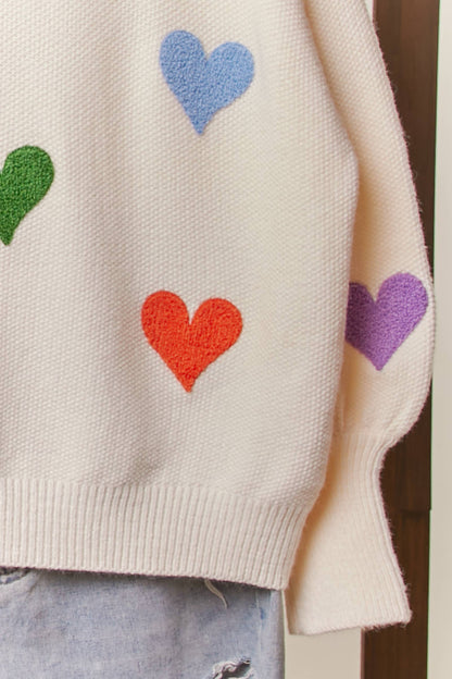 Heart Shaped Patterns Front Round Neck Sweater: Cream / L