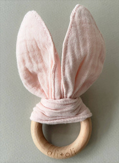 Crinkle Bunny Ears Wooden Ring Teething Toy for Baby (Pink)