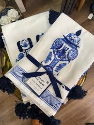 Chinoiserie S/2 Dish Towels with Tassels and Embroidery Accent - Assorted 2 Styles