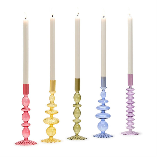 Blown Glass Tapered Candlestick Candleholder - PInk, Lavender, Blue, Yellow, Green