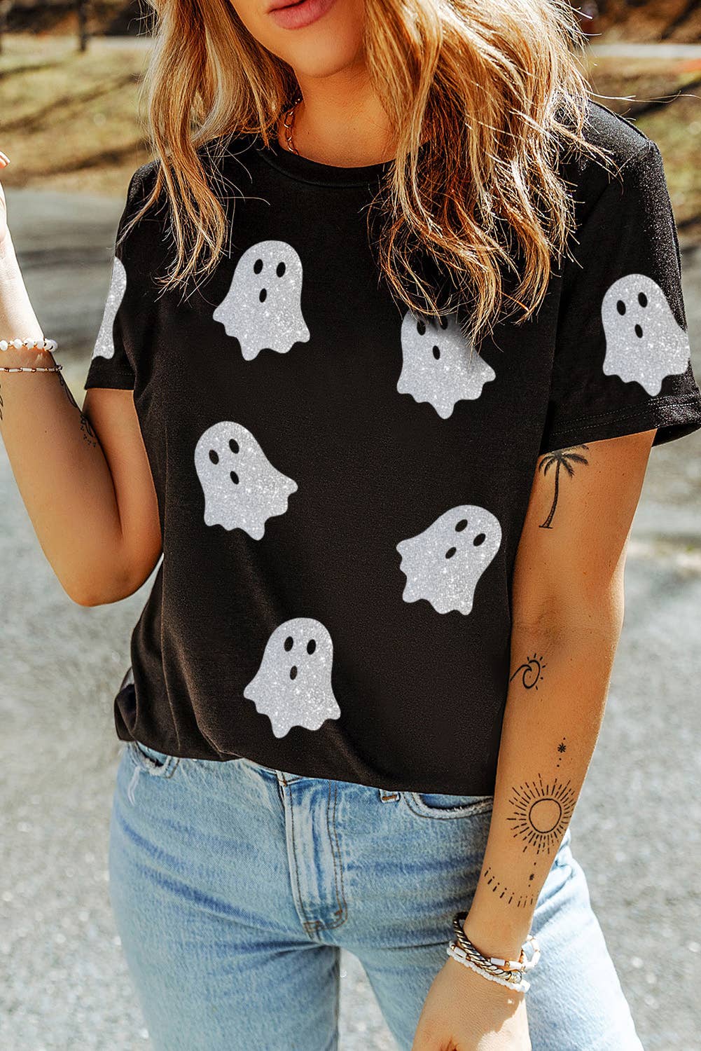 LDC Glitter Ghost Pattern Crew Neck Halloween Graphic Shirt: Black / S