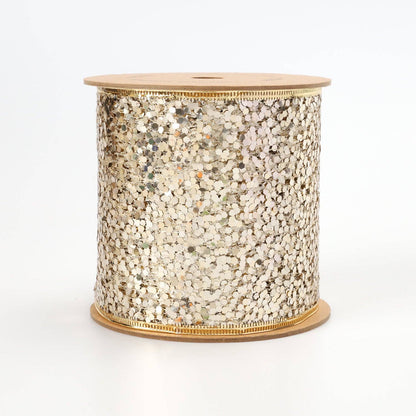 4" Sequin Wired Ribbon | White Gold | 10 Yard Roll