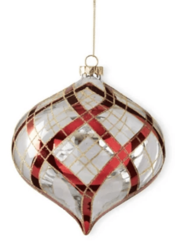 6 Inch Clear Glass Onion Ornament w/Glittered Red & Gold Plaid - Bria Blair Creative