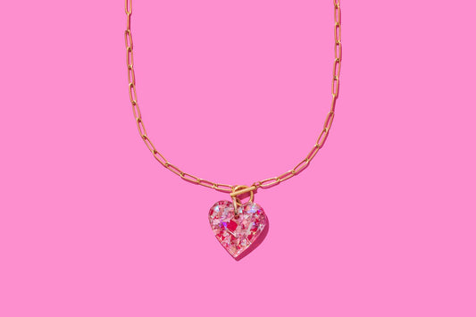 Paperclip Chain Necklace - Heart Pendant - Pink Confetti