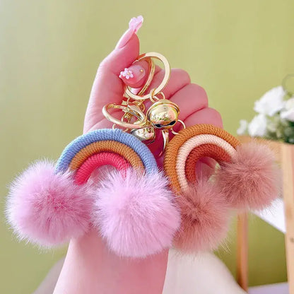 Rainbow Keychain with Fuzzy Balls: Pink