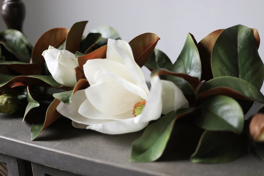 65" Real Touch White Magnolia Flower & Leaf All Seasons Garland Table Runner - Bria Blair Creative