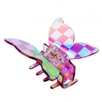 Medium Iridescent Checkered Butterfly Hair Claw Clip: Black