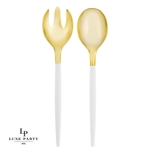 White /  Gold Plastic Serving Fork • Spoon Set: 1 Spoon 1 Fork