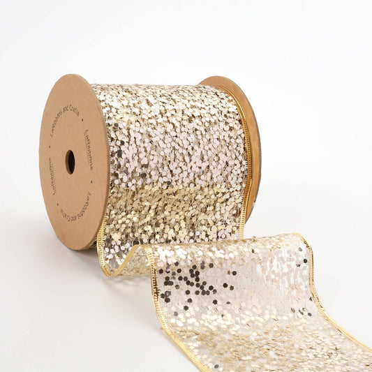 4" Sequin Wired Ribbon | White Gold | 10 Yard Roll