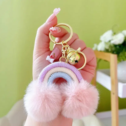Rainbow Keychain with Fuzzy Balls: Pink