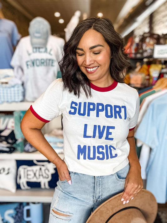 Support Live Music Vintage Ringer Shirt, Graphic Tee: XL