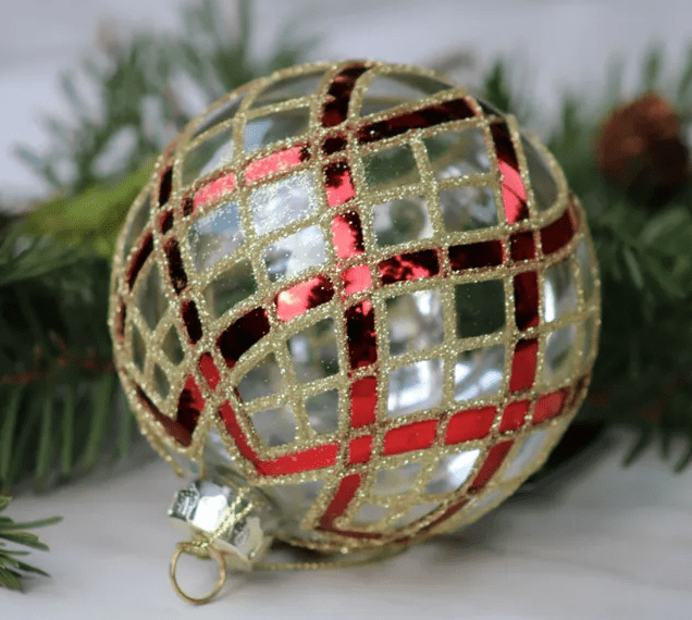 7 Inch Clear Glass Ornament w/Glittered Red & Gold Plaid - Bria Blair Creative