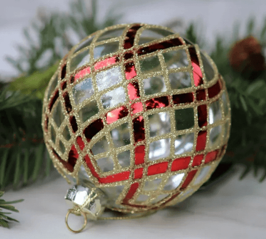 7 Inch Clear Glass Ornament w/Glittered Red & Gold Plaid - Bria Blair Creative