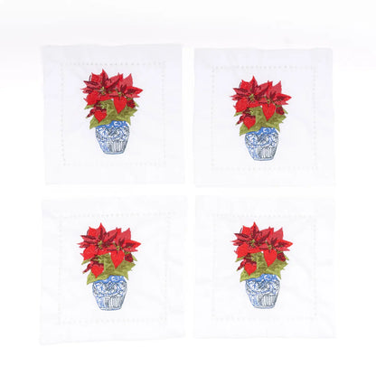 Poinsettias Embroidered Cocktail Napkin Boxed Set