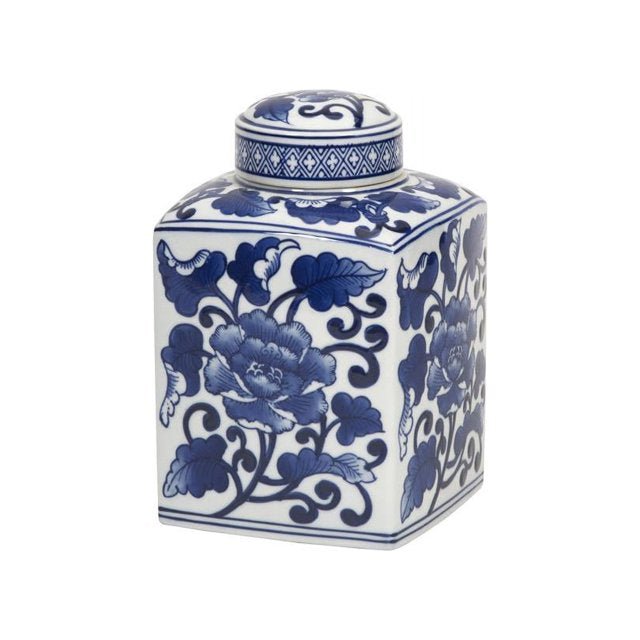 8.75" Vintage Square Chinoiserie Blue and White Ginger Jar - Bria Blair Creative