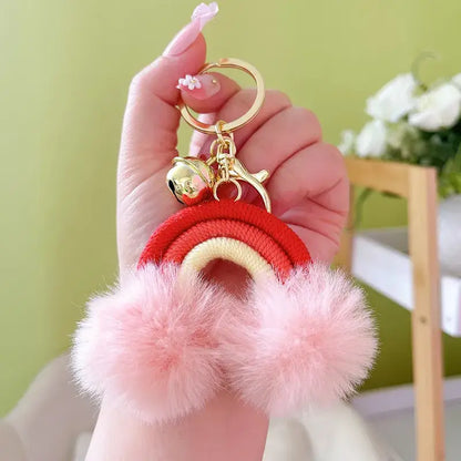 Rainbow Keychain with Fuzzy Balls: Pink