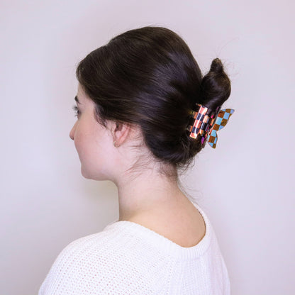 Medium Iridescent Checkered Butterfly Hair Claw Clip: Black