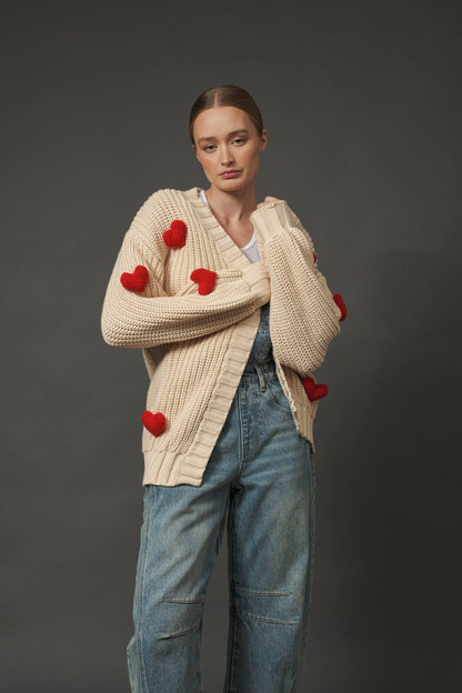 3D HEART CHUNKY CARDIGAN: BEIGE / S