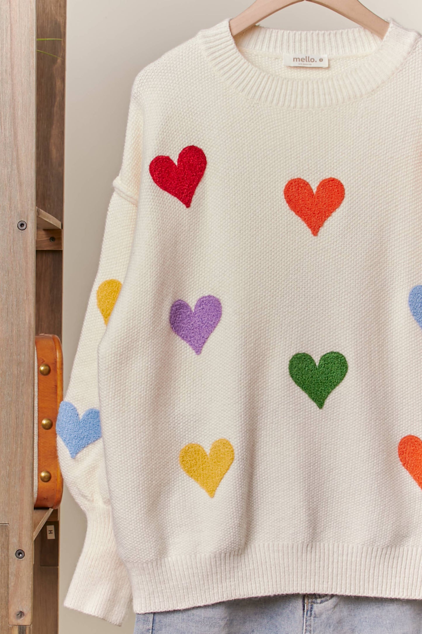 Heart Shaped Patterns Front Round Neck Sweater: Cream / L