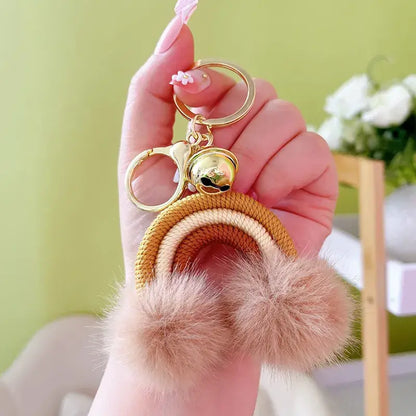 Rainbow Keychain with Fuzzy Balls: Pink