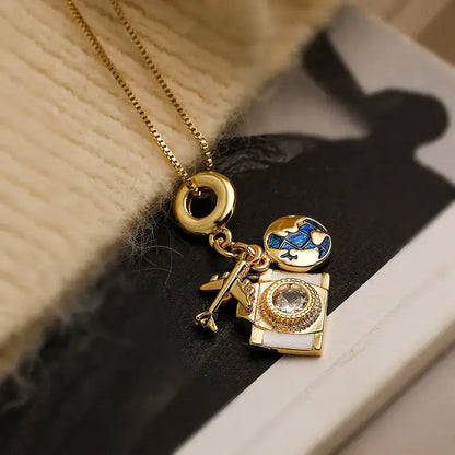 18K Gold Plated Pendant Necklace Travel Camera Charm: Camera