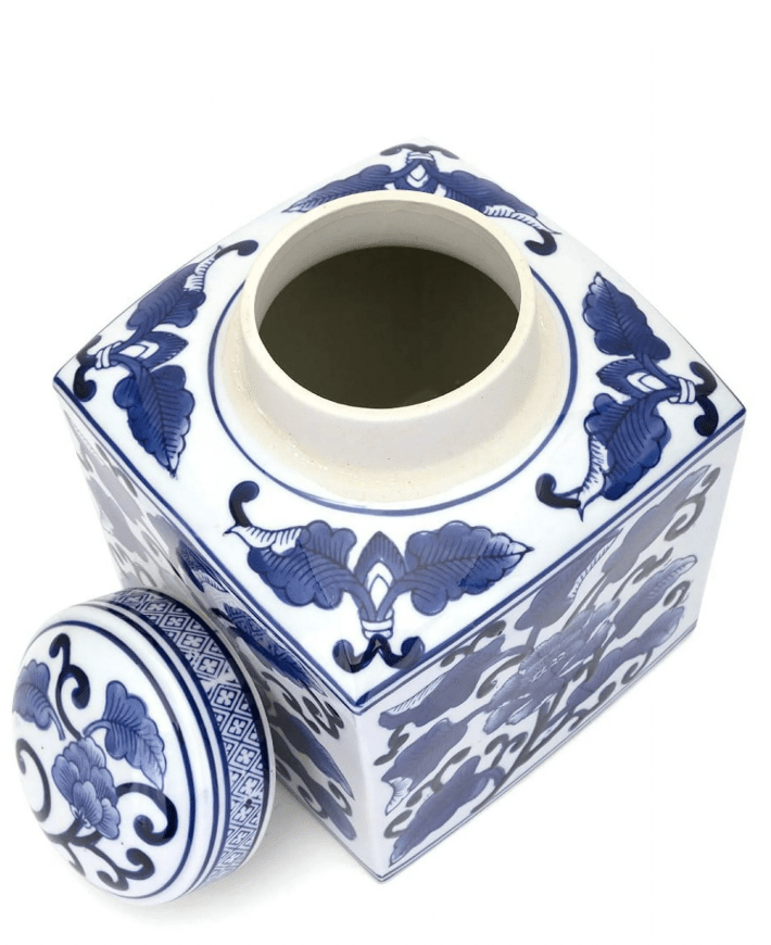 9.5" Vintage Square Chinoiserie Blue and White Ginger Jar - Bria Blair Creative
