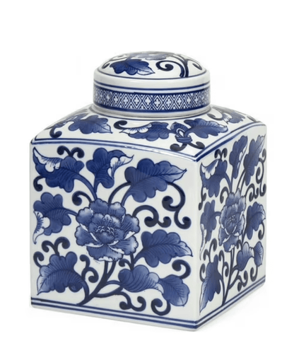 9.5" Vintage Square Chinoiserie Blue and White Ginger Jar - Bria Blair Creative