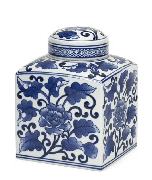 9.5" Vintage Square Chinoiserie Blue and White Ginger Jar - Bria Blair Creative