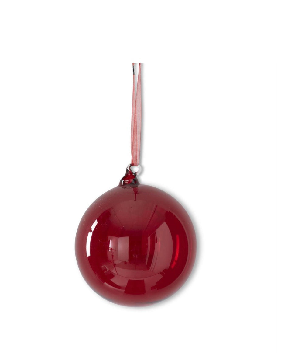 5.25 INCH TRANSPARENT RED BLOWN GLASS ROUND ORNAMENT