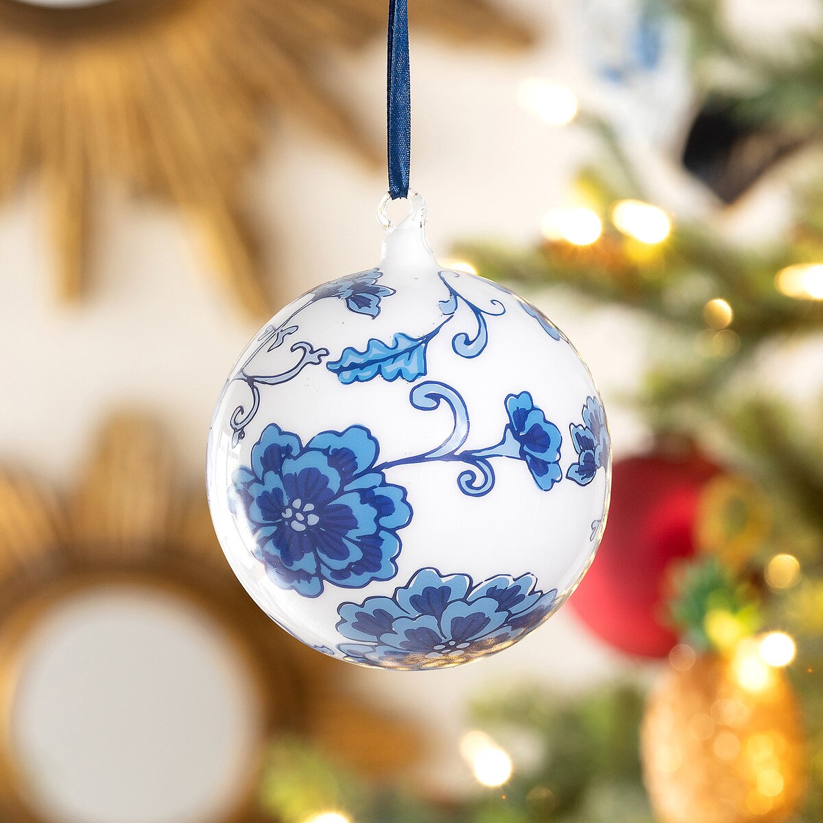 5" Peony Pattern Glass Ball Ornament