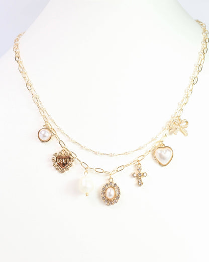 Aki Pearl and Heart Charm Necklace Gold: Default - Bria Blair Creative