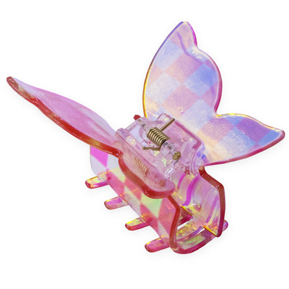 Medium Iridescent Checkered Butterfly Hair Claw Clip: Black
