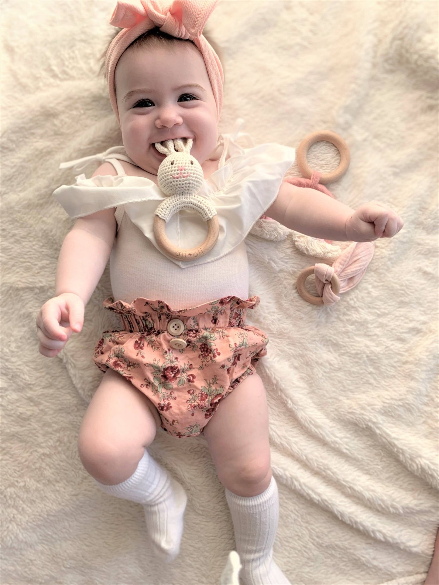 Baby Teething Toy Rattle Wood Ring Crochet (Bunny) - Bria Blair Creative