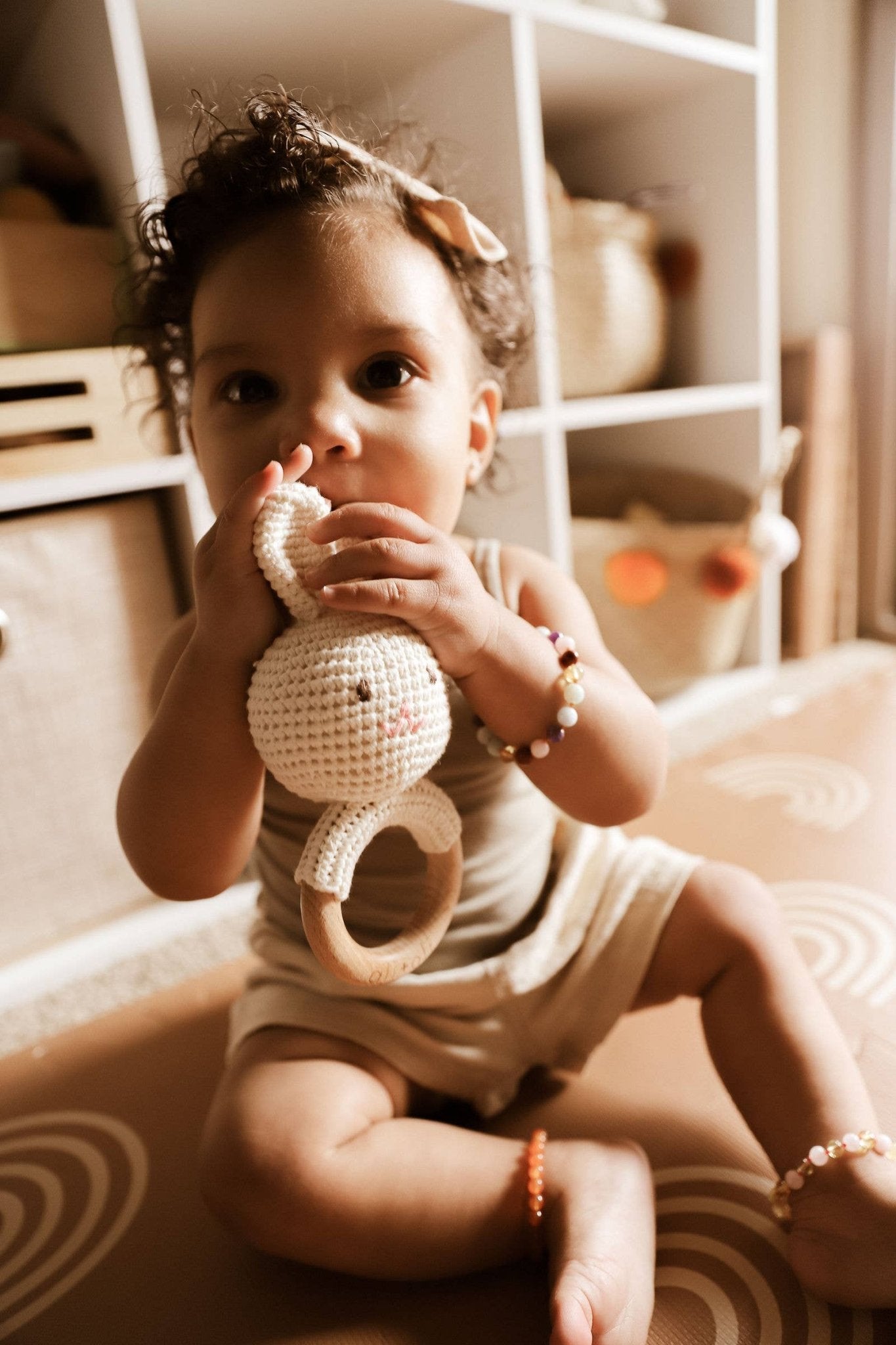 Baby Teething Toy Rattle Wood Ring Crochet (Bunny) - Bria Blair Creative
