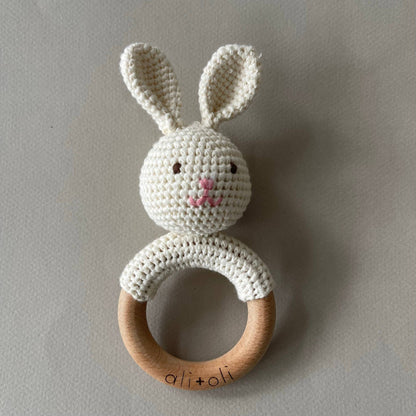 Baby Teething Toy Rattle Wood Ring Crochet (Bunny) - Bria Blair Creative