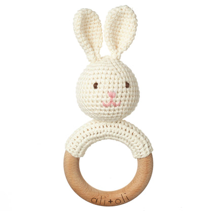 Baby Teething Toy Rattle Wood Ring Crochet (Bunny) - Bria Blair Creative