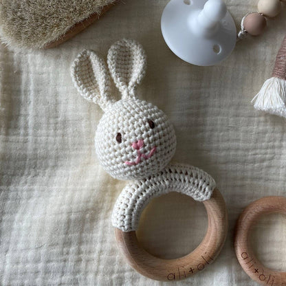 Baby Teething Toy Rattle Wood Ring Crochet (Bunny) - Bria Blair Creative